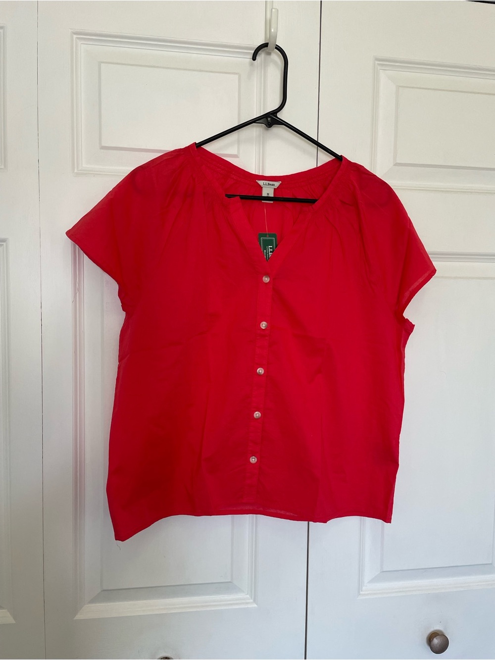 L.L. Bean Women's Bright Pomegranate Short-Sleeve Button-Front Top- Med Petite